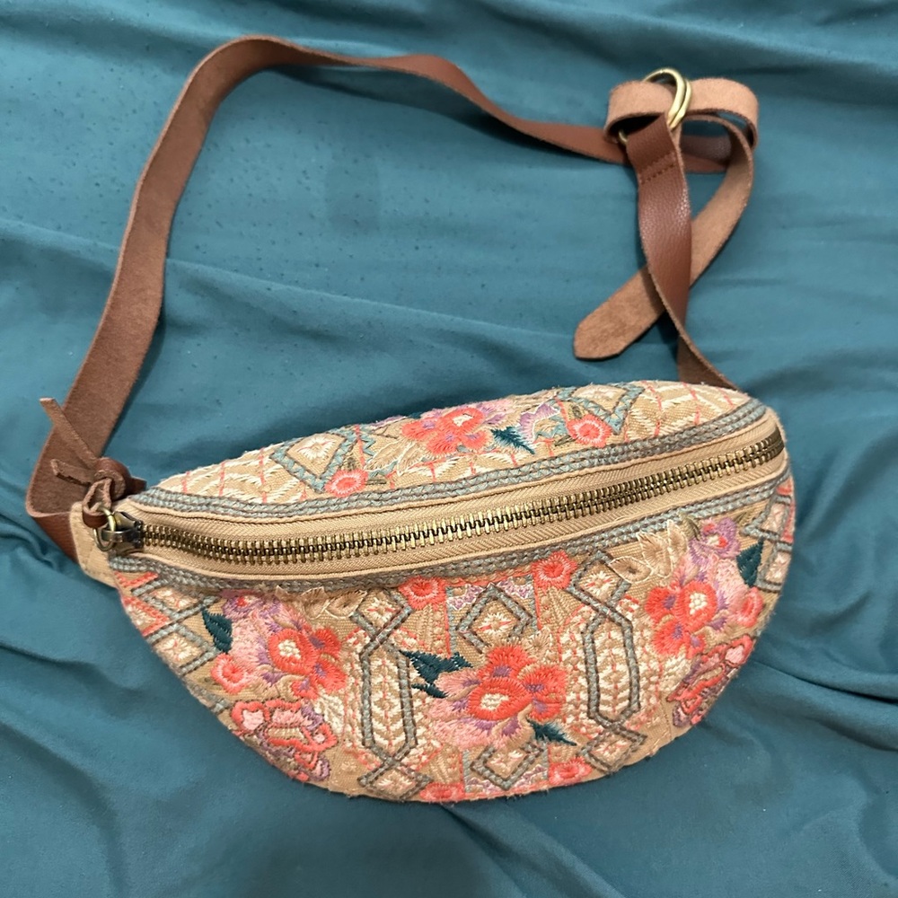 Johnny Was Pink and Tan Embroidered Crossbody Bag